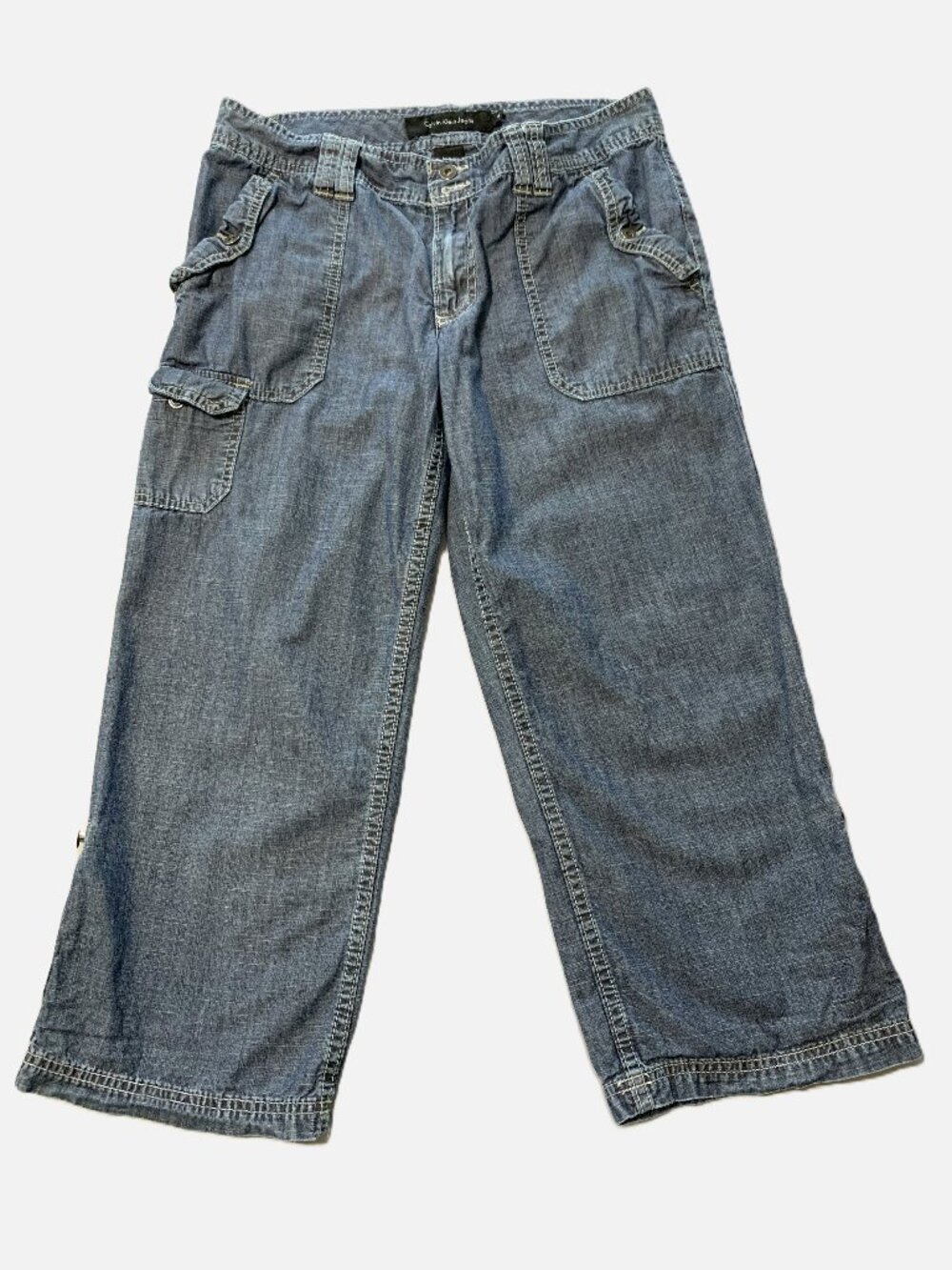 Calvin Klein Y2K Denim Capri Cargo Women Blue Pants Pockets Size 6